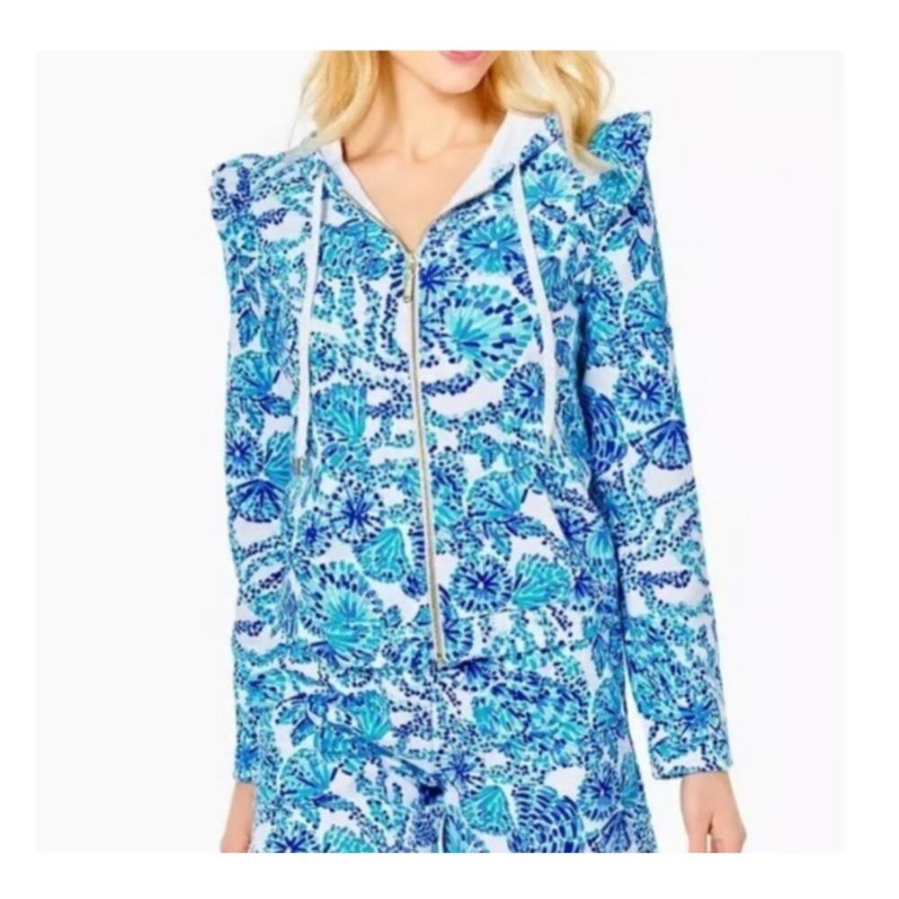 Lilly Pulitzer Audrey Full Zip Pullover Hoodie Ruffled Sleeve With Pockets, M - Picture 2 of 9
